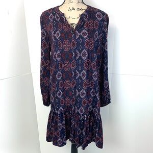 Beach Lunch Lounge Women Size M Oversized Midi Dress Ikat Ruffle Rayon Boho